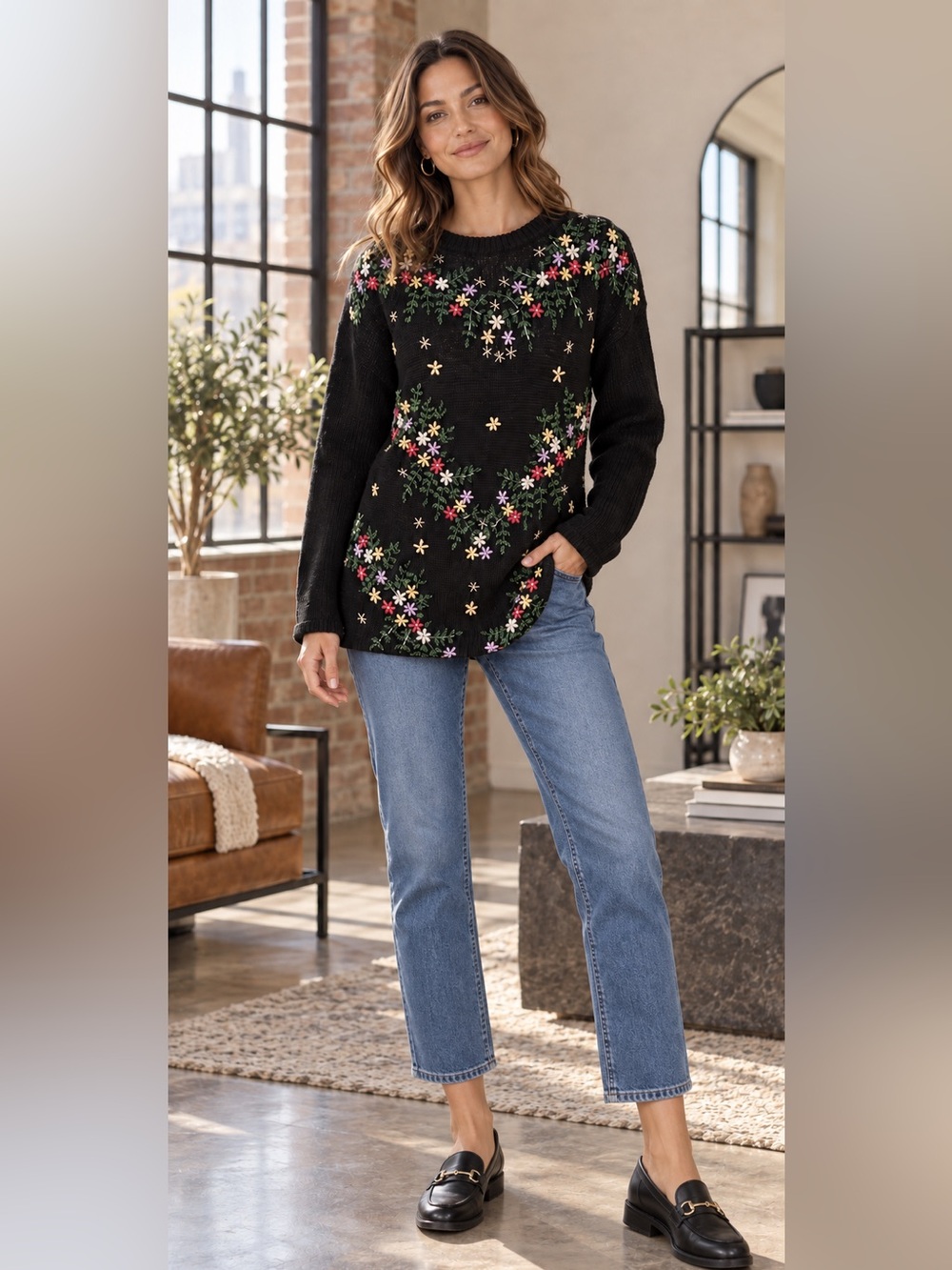 NUTCRACKER Vintage 3D Beaded Floral Long Oversized Crewneck Sweater Black Size S